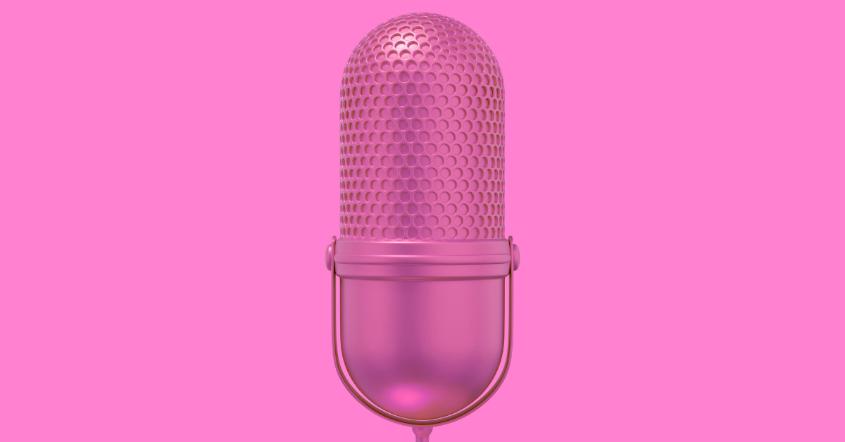 A stylised pink studio microphone centred against a matching pink background. The minimalist design represents podcasting, conversation, broadcasting and sharing ideas through authentic discussion.